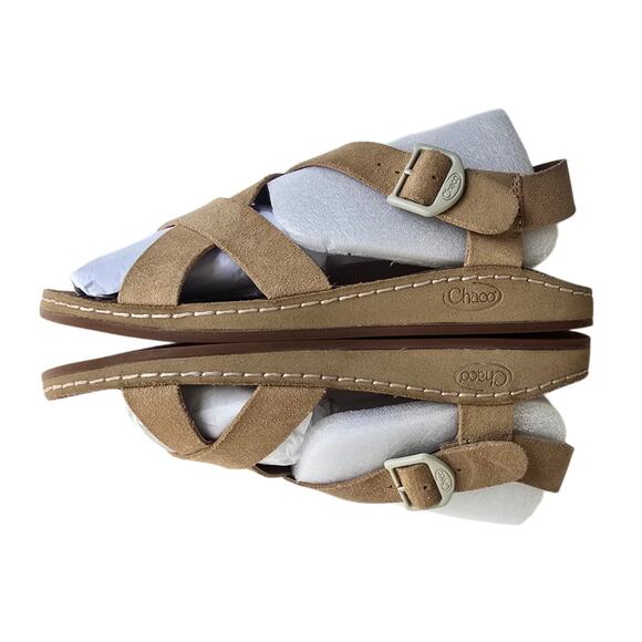 Chaco Women’s Wayfarer Size 7 Tan Suede Leather Sandals Criss Cross Strap Buckle - Picture 9 of 10